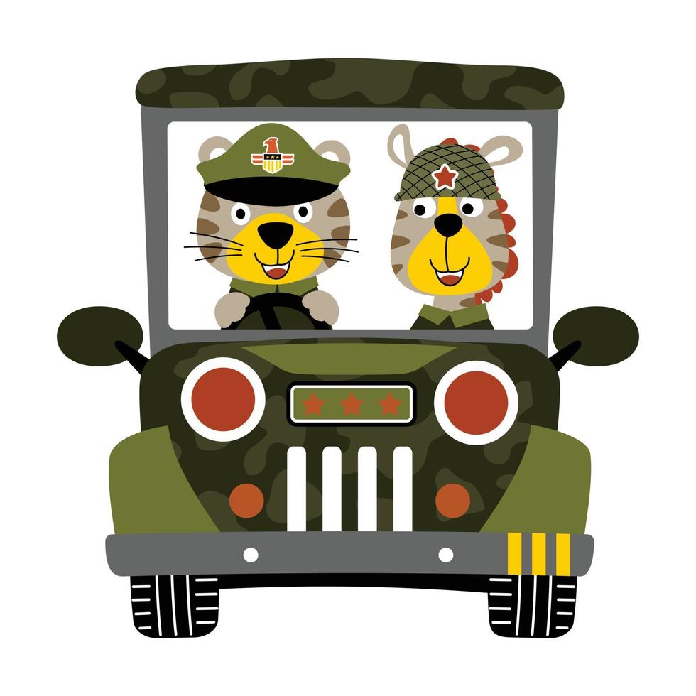 engraçado tigre e zebra dentro soldados traje em militares veículo, vetor desenho animado ilustração