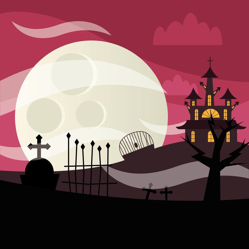 casa de halloween e cemitério à noite desenho vetorial vetor