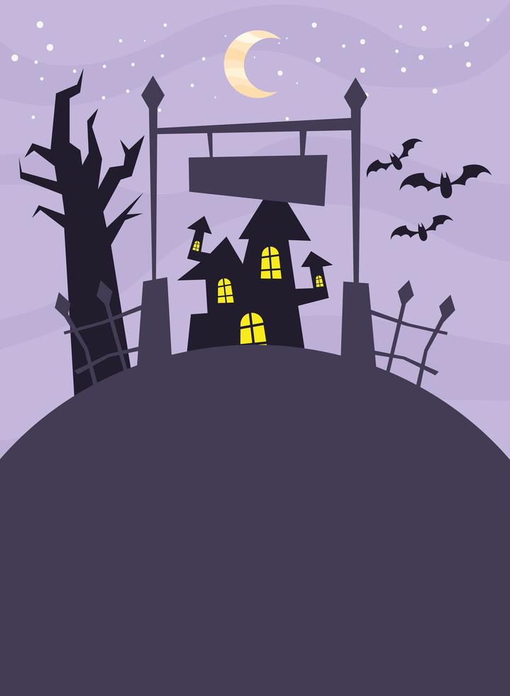 casa assombrada de halloween com árvore à noite desenho vetorial vetor