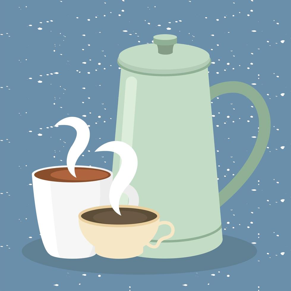 xícaras de café e bule em desenho vetorial de fundo azul vetor