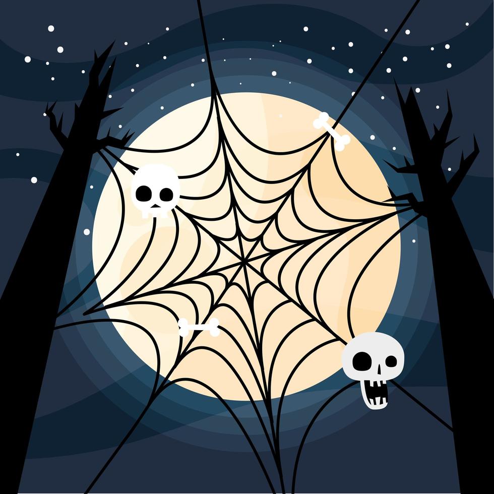 teia de aranha de halloween com crânios nas árvores desenho vetorial vetor