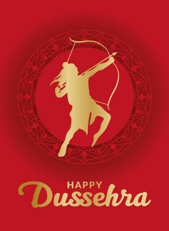 Dussehra feliz e Senhor Ram com arco e flecha no desenho de vetor de mandala vermelha