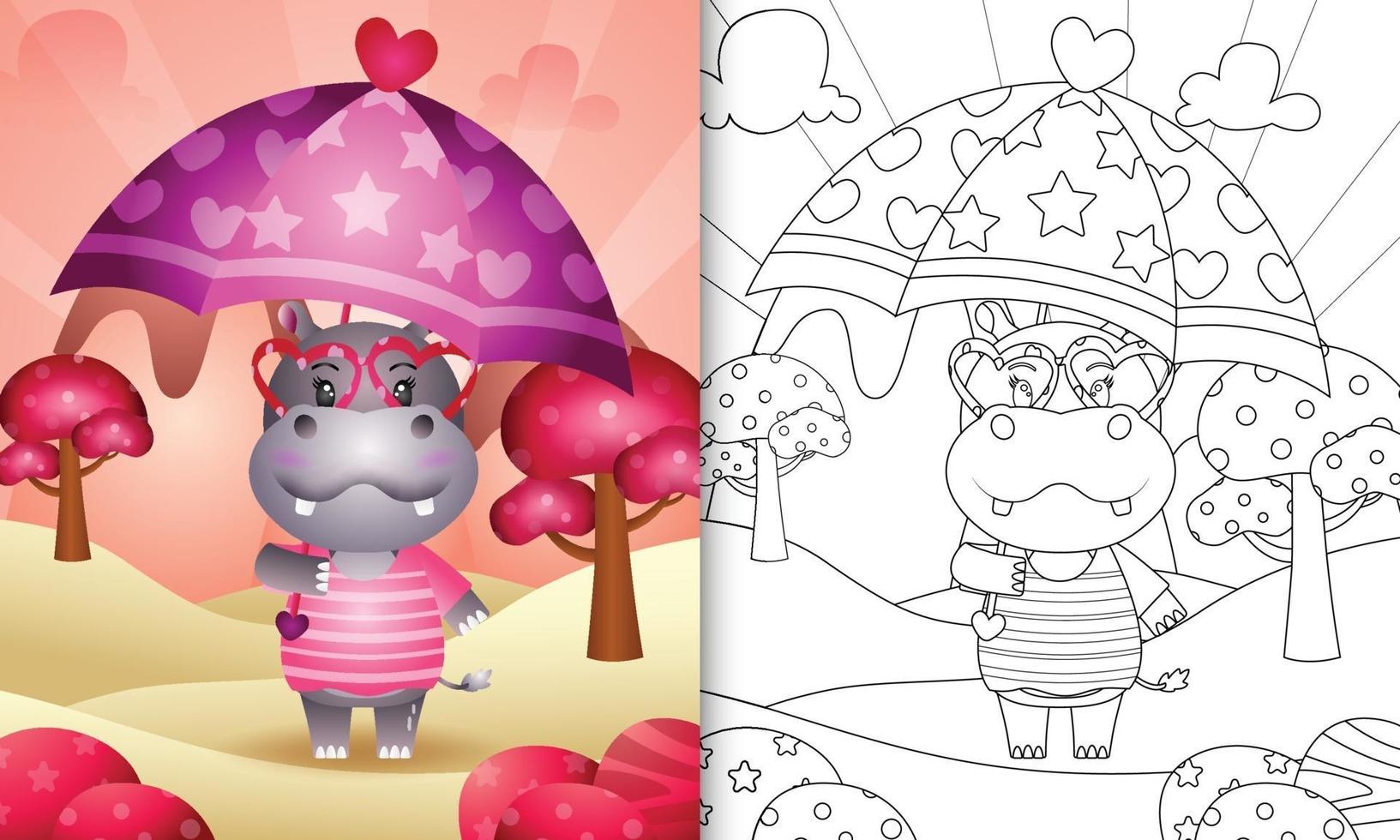 livro de colorir para crianças com um hipopótamo fofo segurando guarda-chuva com o tema do dia dos namorados vetor