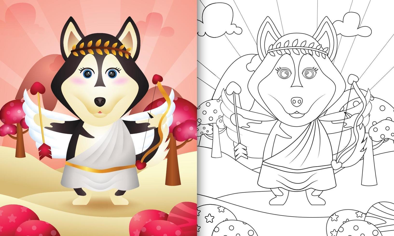 livro de colorir para crianças com um lindo cão husky anjo usando fantasia de cupido com o tema do dia dos namorados vetor