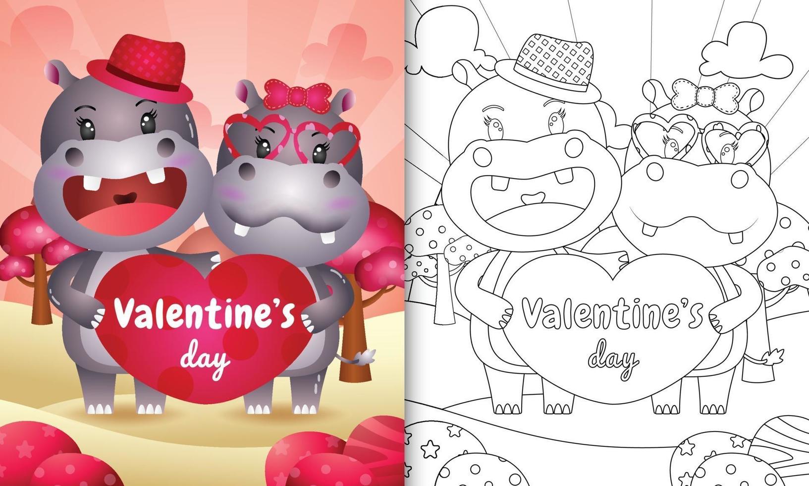 livro de colorir para crianças ilustrado com casal de hipopótamos fofos vetor
