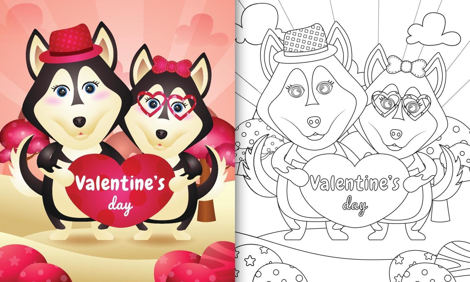 livro de colorir para crianças ilustrado com um lindo casal de cães husky do dia dos namorados vetor