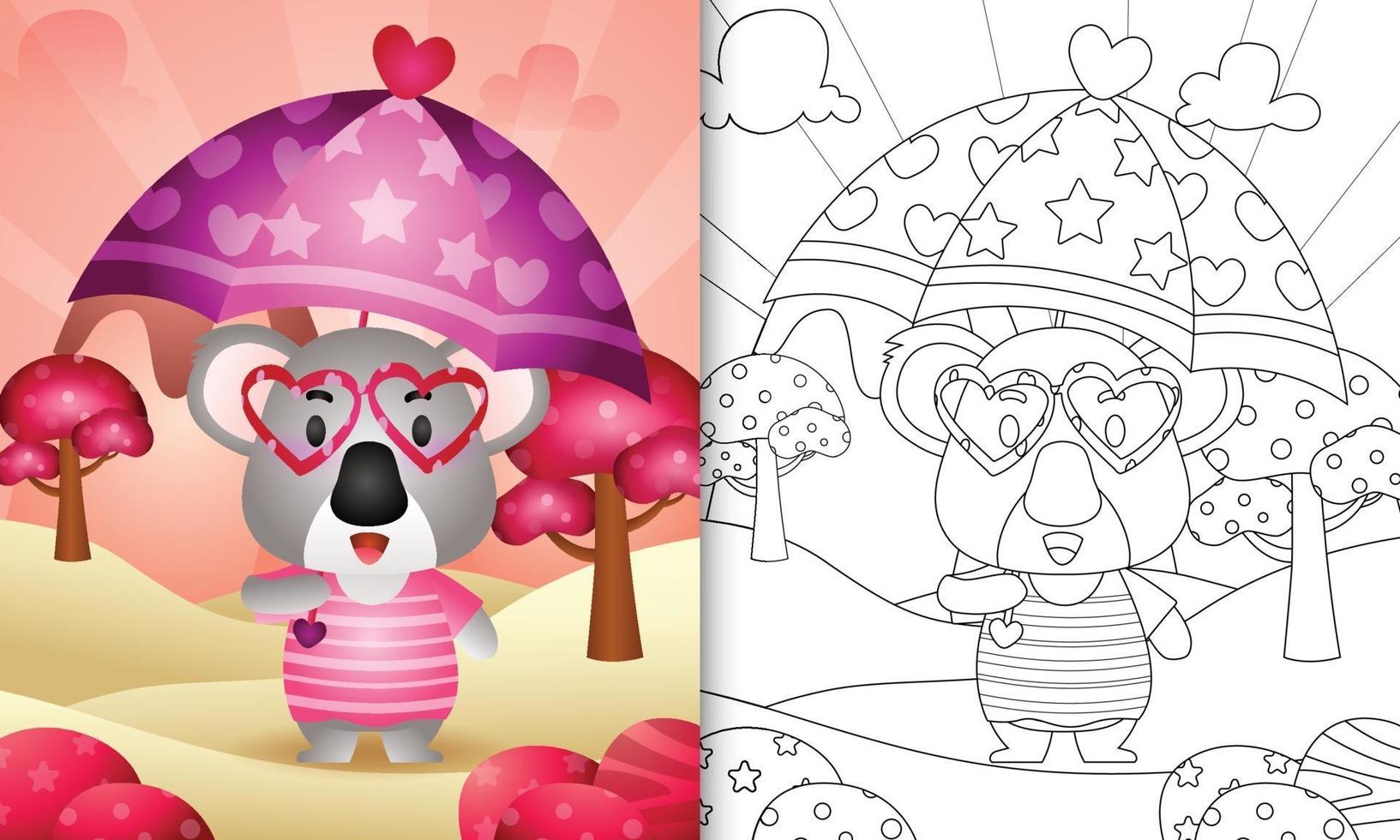 livro de colorir para crianças com um coala fofo segurando guarda-chuva com o tema do dia dos namorados vetor