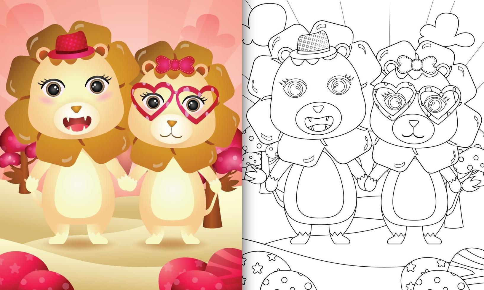 livro de colorir para crianças com um lindo casal de leões com o tema do dia dos namorados vetor