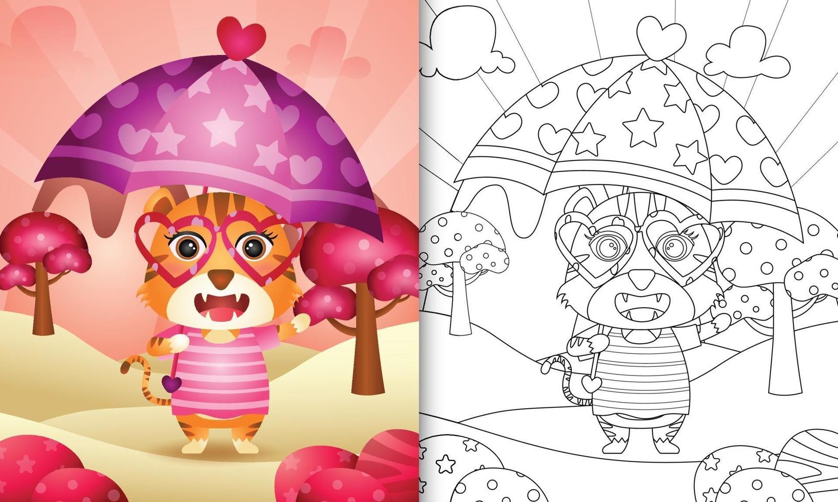 livro de colorir para crianças com um tigre fofo segurando guarda-chuva com o tema do dia dos namorados vetor