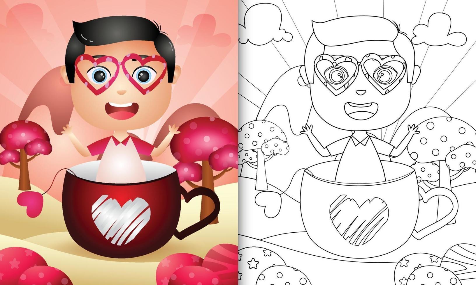 livro de colorir para crianças com um lindo menino na taça temático dia dos namorados vetor