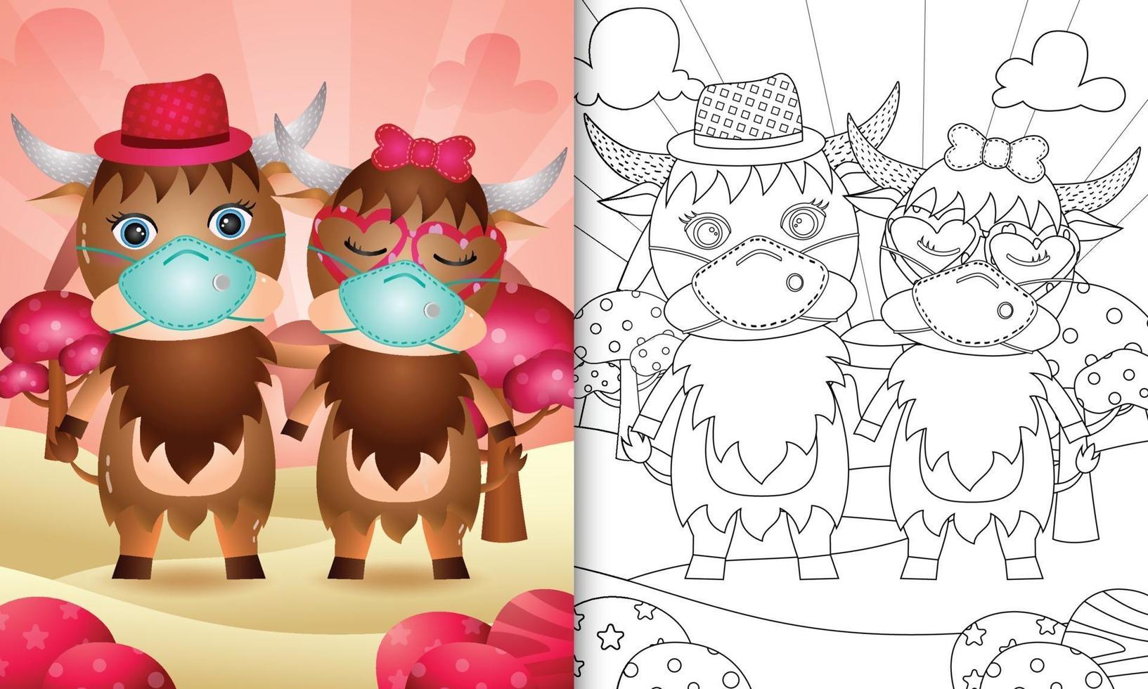 livro de colorir para crianças com lindo casal de búfalos do dia dos namorados usando máscara protetora vetor