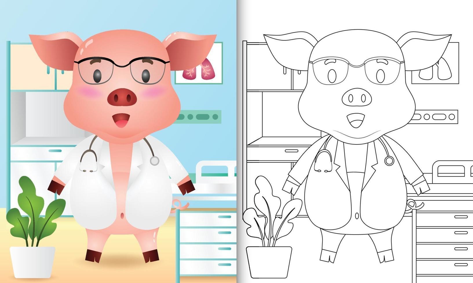 livro de colorir para crianças com uma ilustração de um médico porco fofo vetor