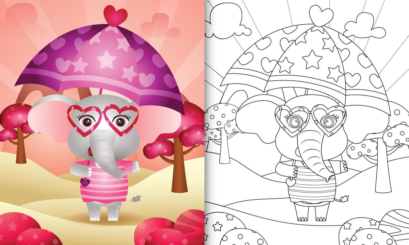 livro de colorir para crianças com um elefante fofo segurando guarda-chuva com o tema do dia dos namorados vetor