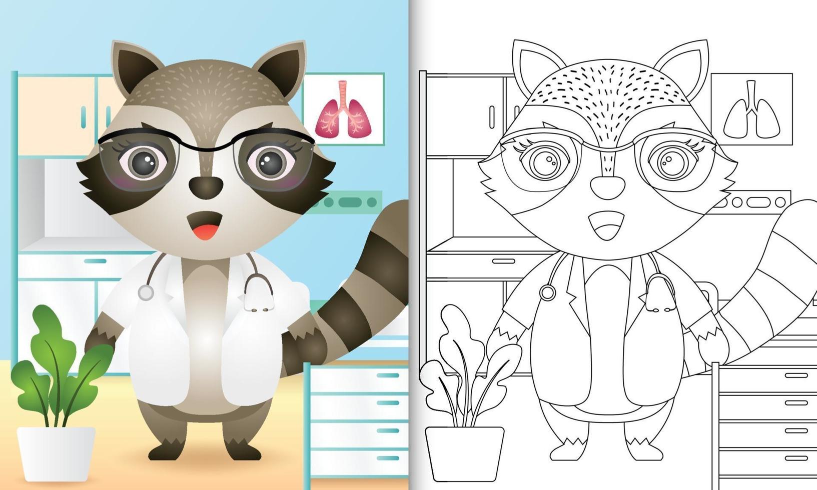 livro de colorir para crianças com uma ilustração de um médico guaxinim fofo vetor