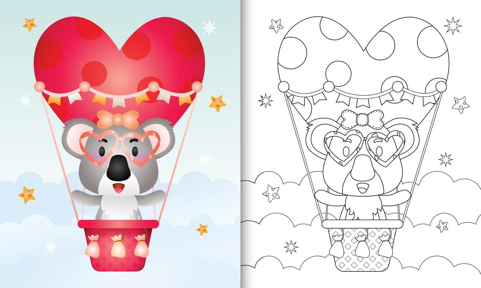 livro de colorir para crianças com uma fêmea de coala fofa em um balão de ar quente com tema de amor, dia dos namorados vetor