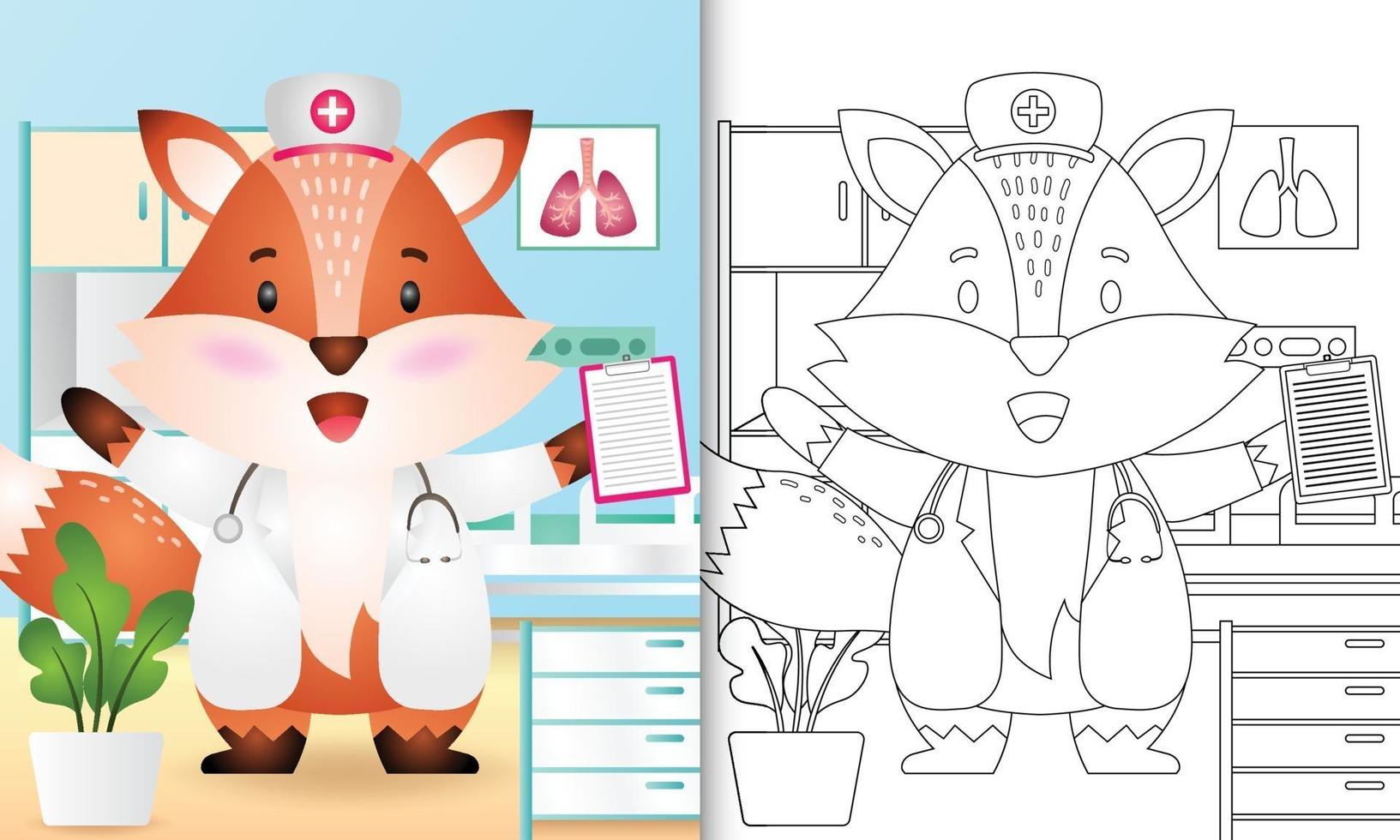 livro de colorir para crianças com uma ilustração de personagem de enfermeira raposa fofa vetor