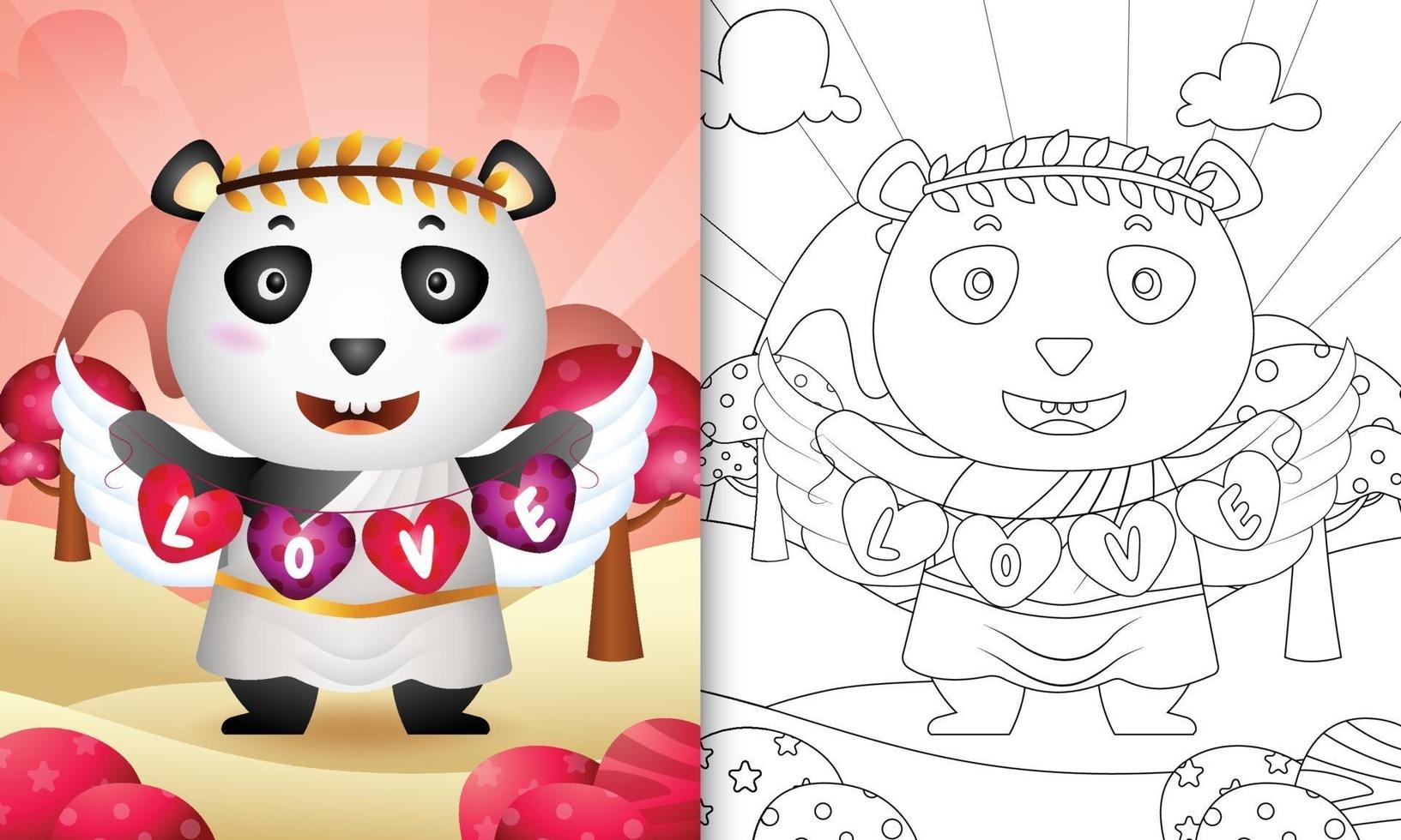 livro de colorir para crianças com um anjo panda fofo usando fantasia de cupido segurando uma bandeira em forma de coração vetor