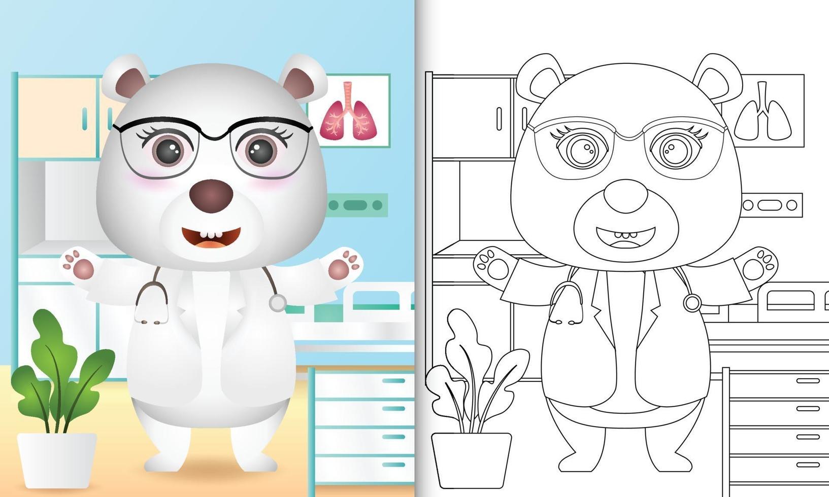 livro de colorir para crianças com uma ilustração do personagem médico urso polar fofo vetor