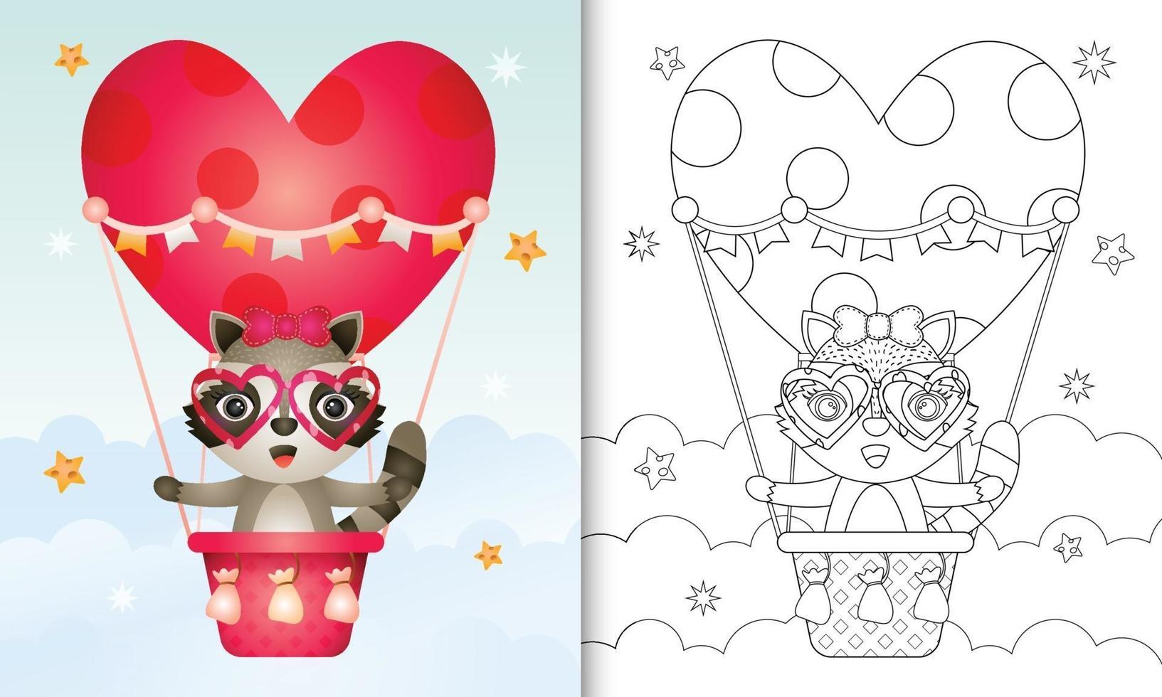 livro de colorir para crianças com uma linda fêmea de guaxinim em um balão de ar quente com o tema do dia dos namorados vetor