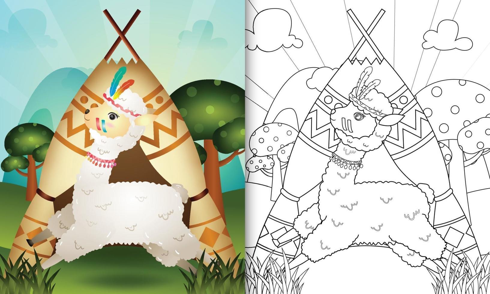 livro de colorir para crianças com uma ilustração de um lindo personagem tribal boho alpaca vetor