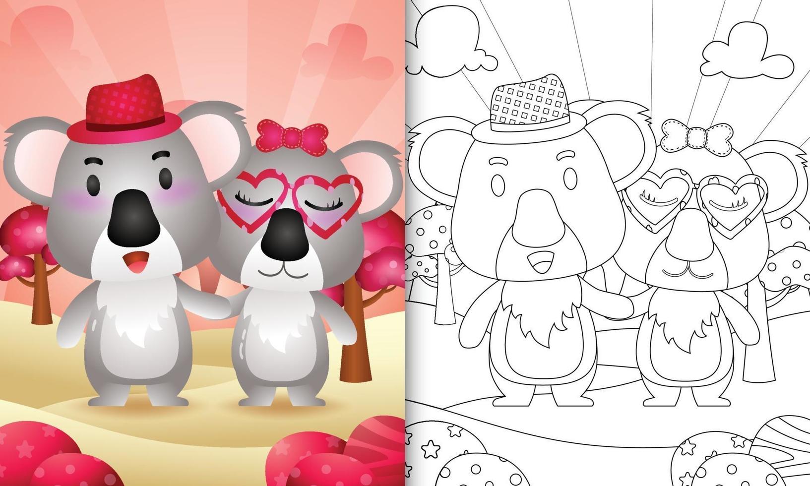livro de colorir para crianças com um lindo casal de coalas com o tema do dia dos namorados vetor