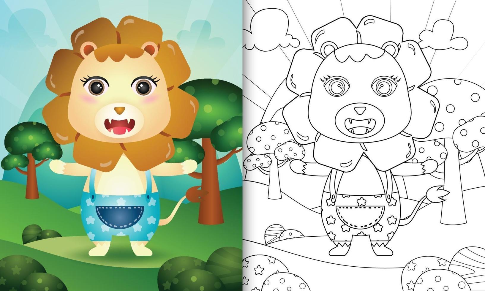 livro de colorir para crianças com uma ilustração de um leão fofo vetor
