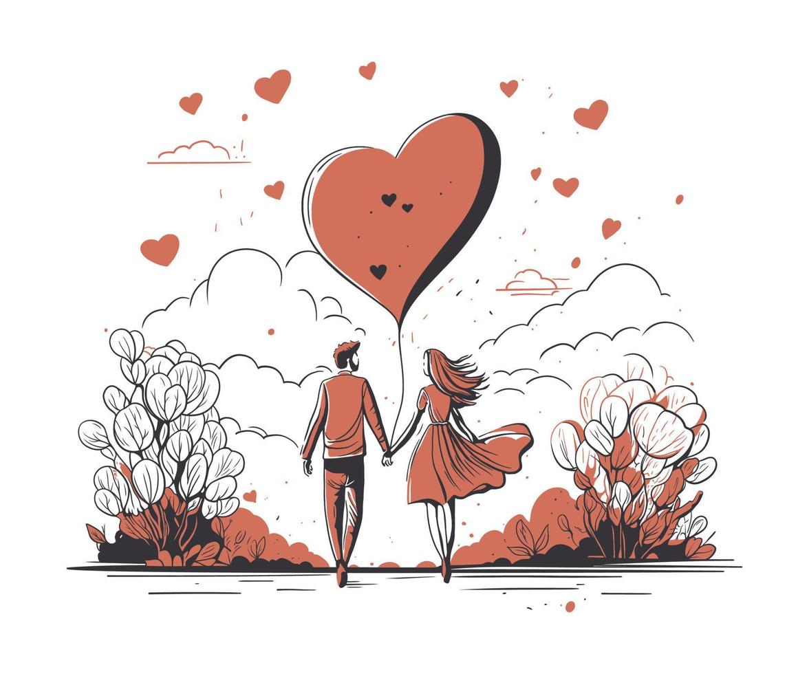 casal caminhando segurando mãos com coração em forma balões, vetor grampo arte