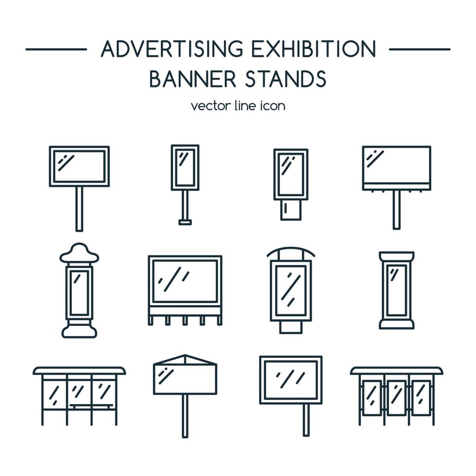 painéis publicitários e exibição de banner, conjunto de ícones de estande de exposição vetor