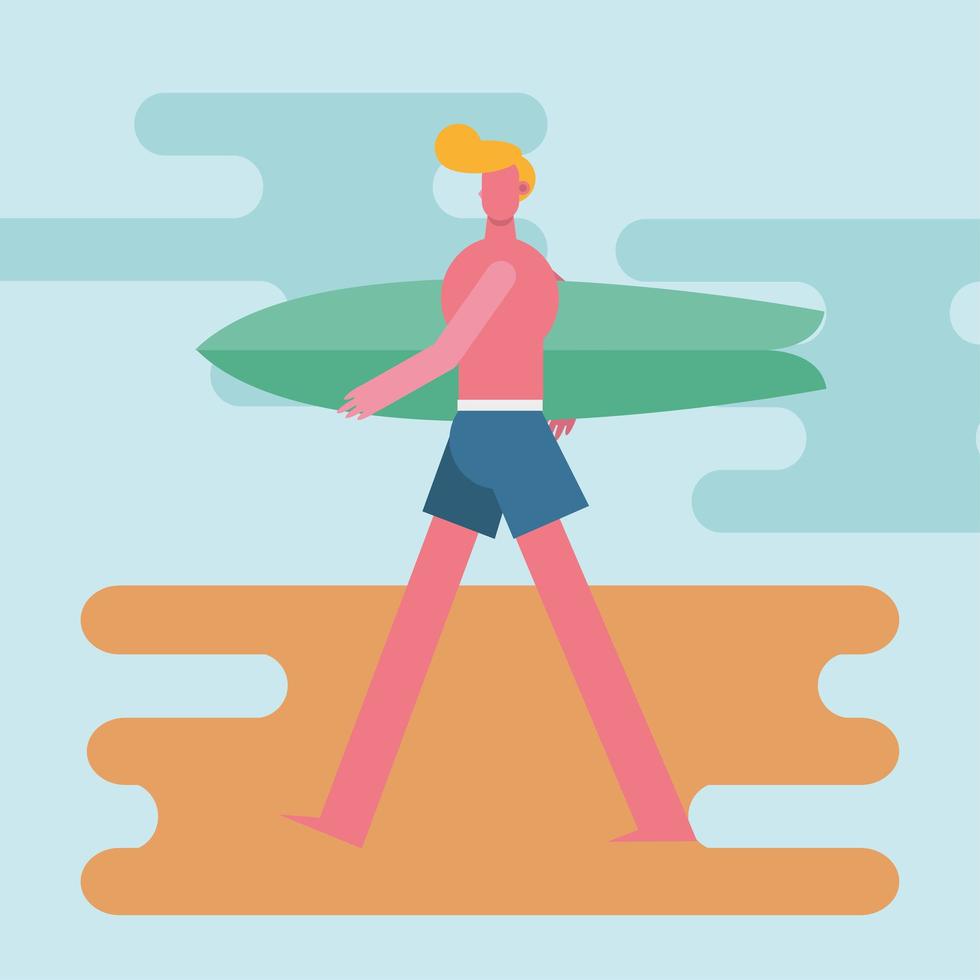 jovem vestindo maiô e andando com uma prancha de surf vetor