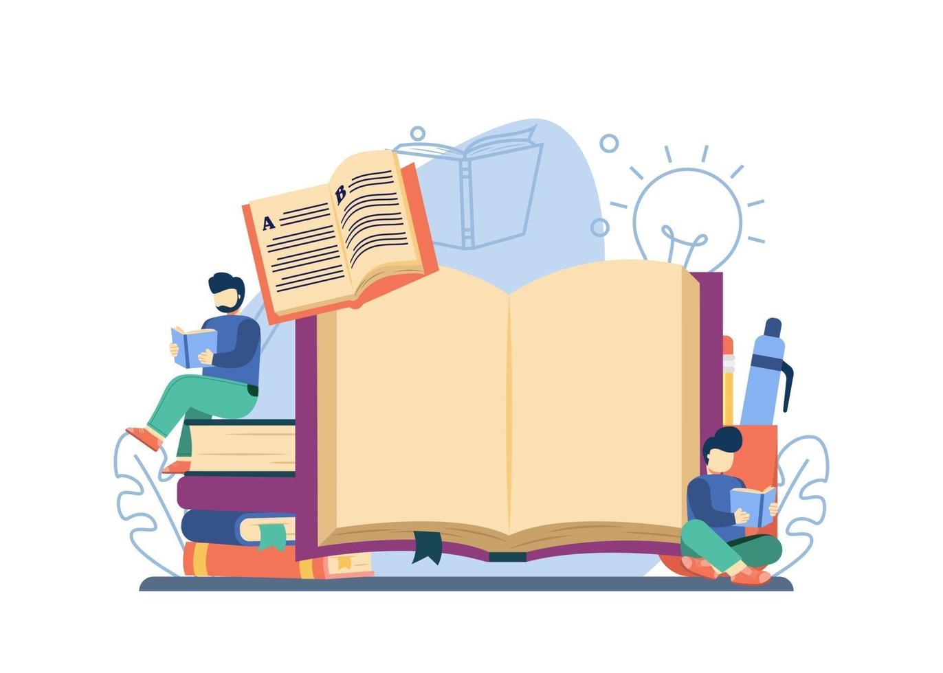 lendo o conceito de livro. homem lendo o livro na pilha de livros. livros on-line, biblioteca, preparação para o exame, educação em casa, educação à distância pode ser usado para páginas de destino, web, banners, modelos, planos de fundo vetor