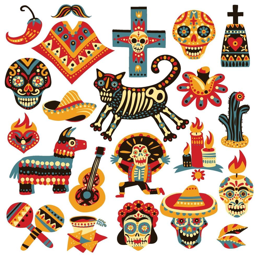 conjunto de máscara de dia morto do México vetor