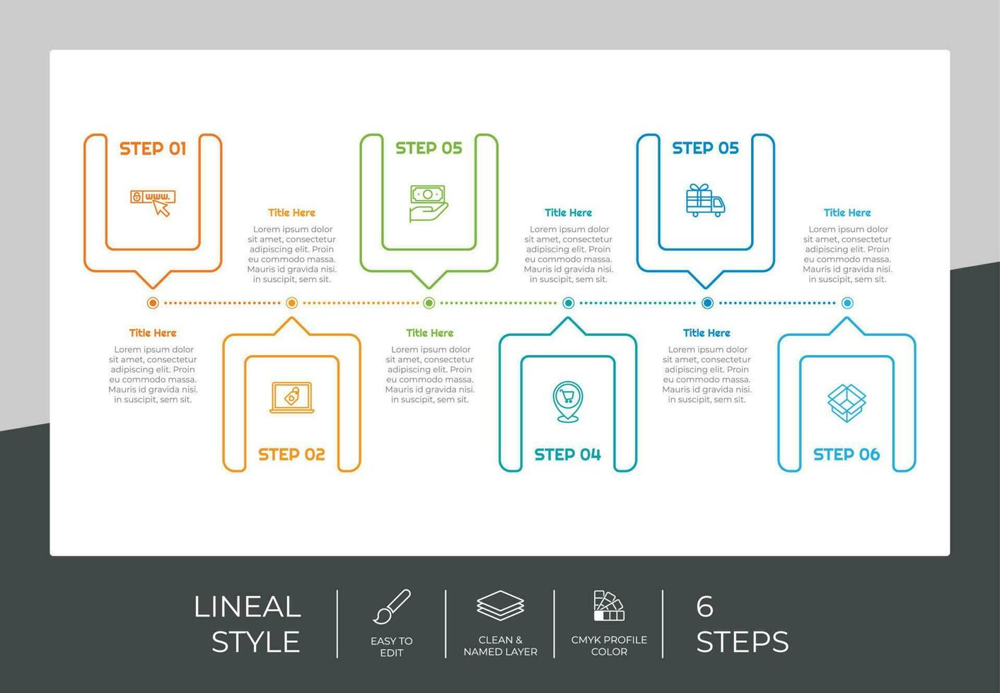 design de vetor de infográfico de processo de círculo com estilo colorido de 6 etapas para fins de apresentação. infográfico de etapa de linha pode ser usado para negócios e marketing