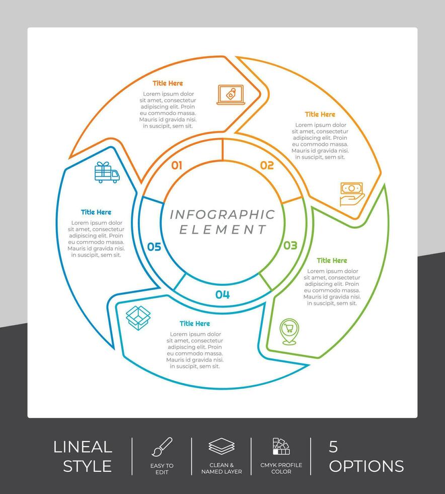 design de vetor de infográfico de processo de círculo com estilo colorido de 5 etapas para fins de apresentação. infográfico de etapa de linha pode ser usado para negócios e marketing