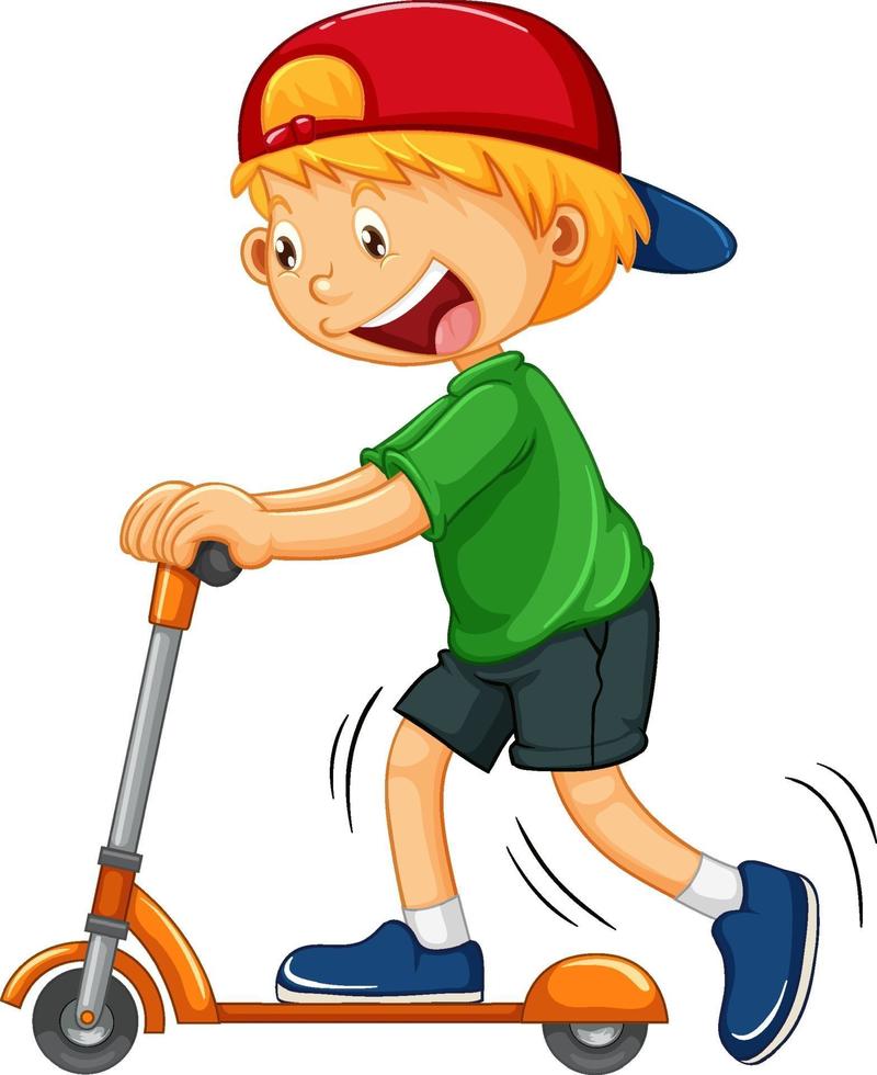 um menino andando de um personagem de desenho animado de scooter no fundo branco vetor