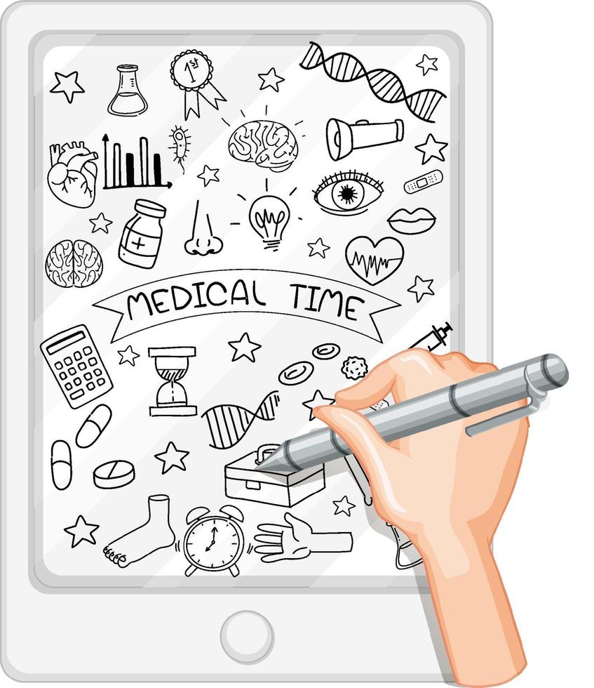 mão desenhando elemento médico em estilo doodle ou esboço no tablet vetor