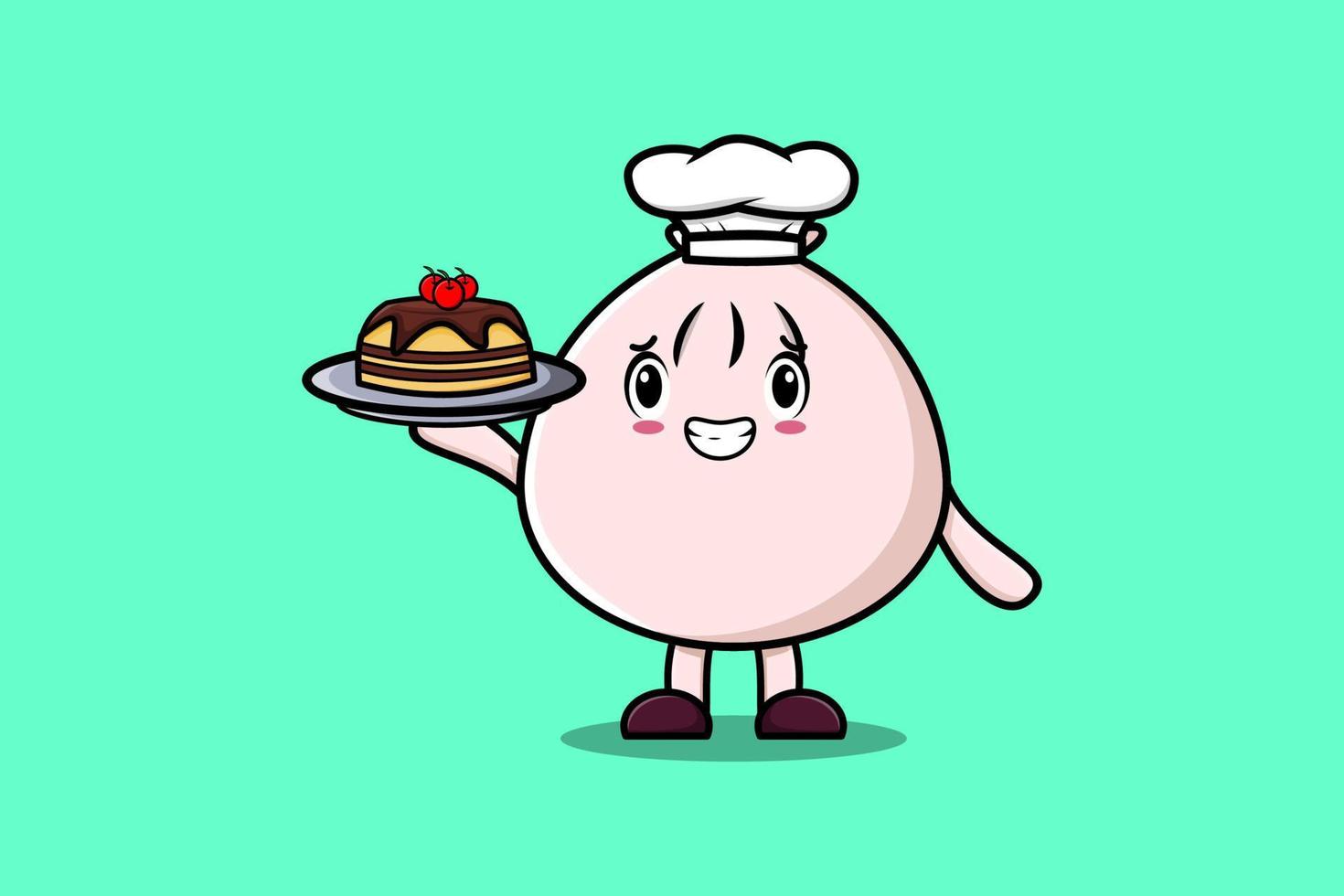 fofa desenho animado chefe de cozinha escuro soma servindo bolo em bandeja vetor