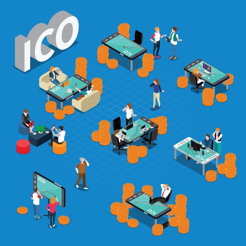 Ico blockchain conceito composição isométrica vetor