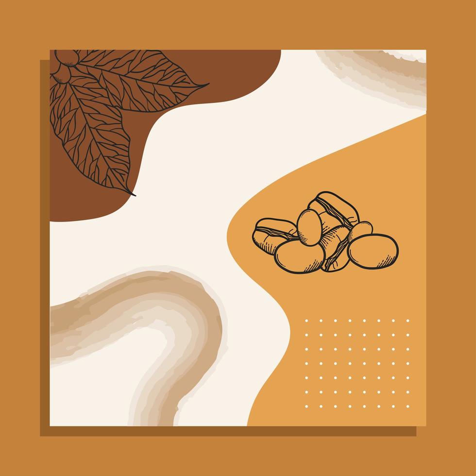 grãos de café com folhas de desenho vetorial de quadro de papel vetor