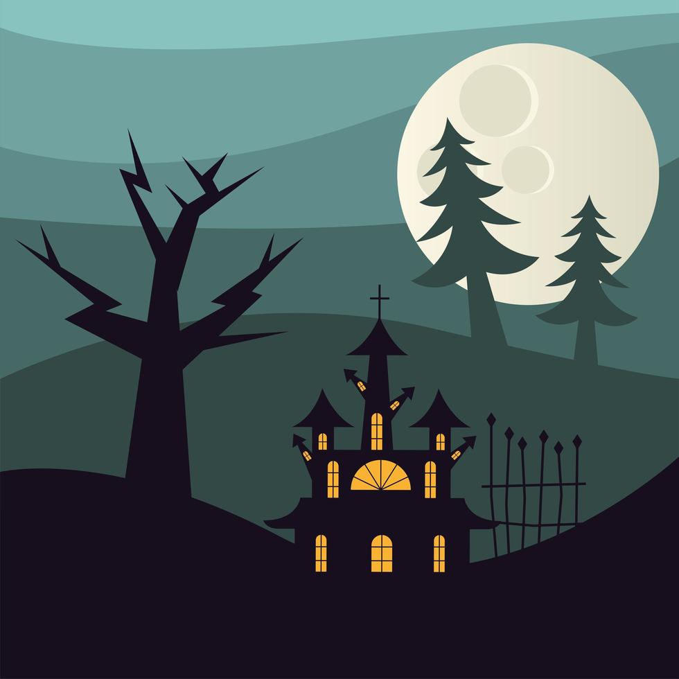 casa assombrada de halloween e pinheiros à noite desenho vetorial vetor