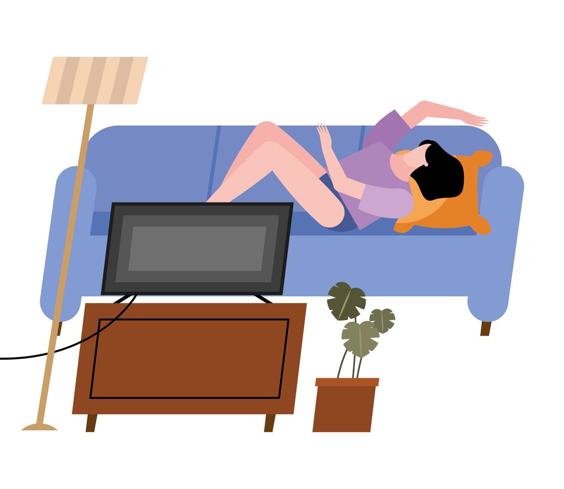 mulher no sofá assistindo tv em casa desenho vetorial vetor