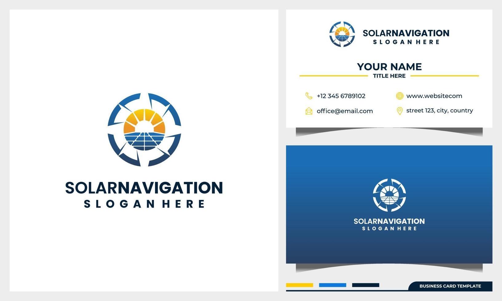 navegação de bússola com conceito de logotipo de energia de painel solar e modelo de cartão de visita vetor