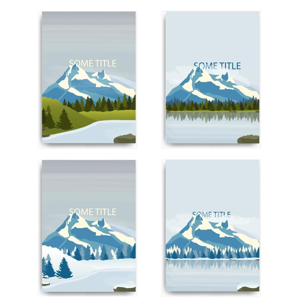 conjunto de paisagens de vetor com montanhas nevadas e lagos. design de capas com paisagens de inverno e verão