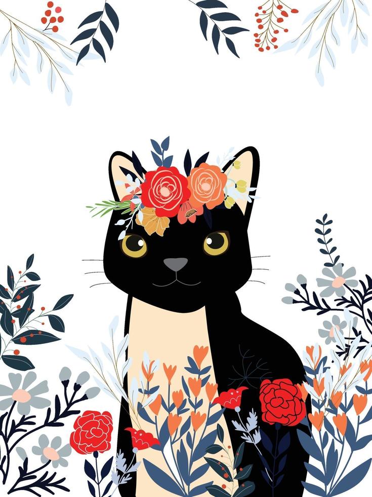 fofa doce flor floral selvagem rosa e azul vermelha com moldura e tigre preto feliz ou cartão de desenho de gato vetor