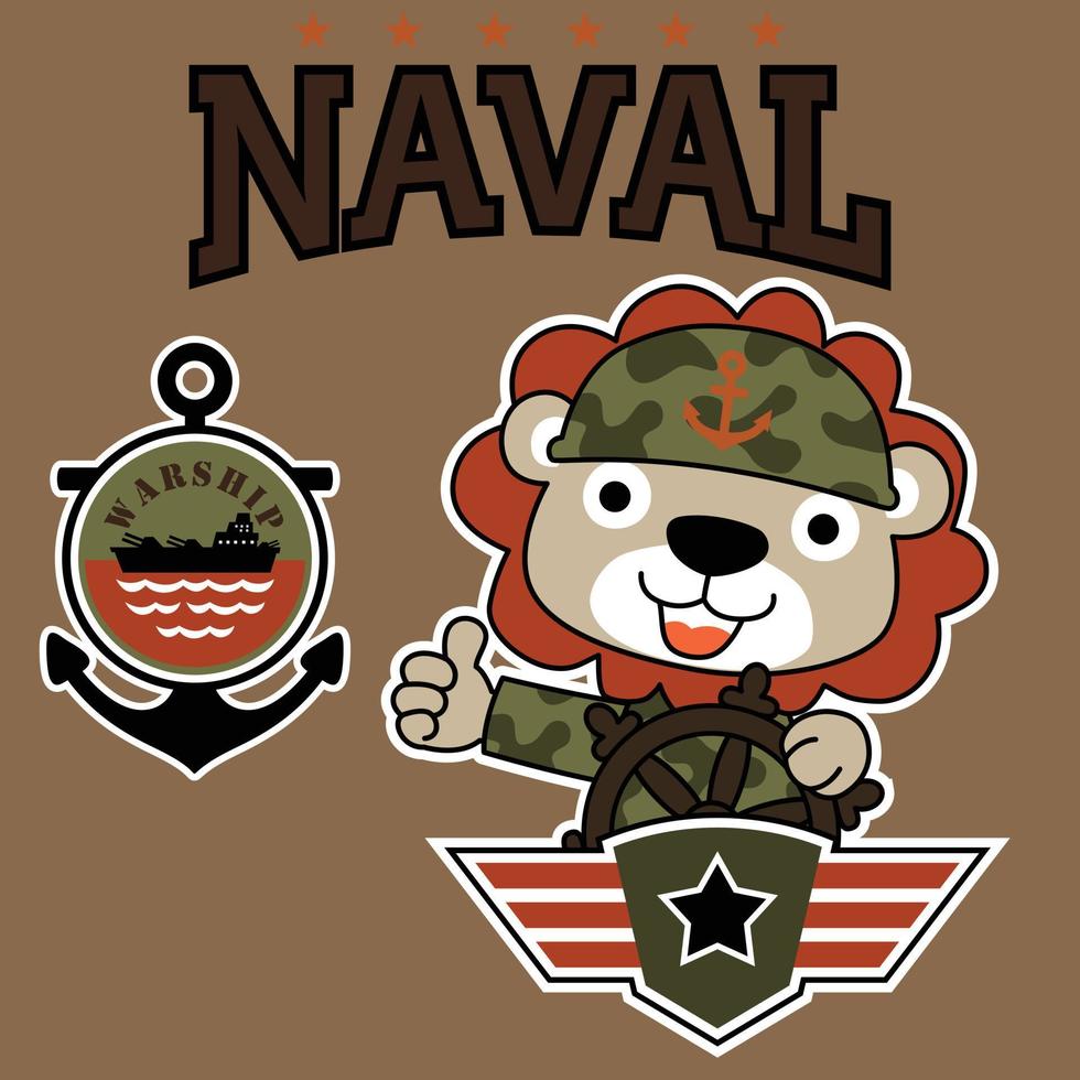 fofa leão dentro exército uniforme segurando direção roda com naval elementos, vetor desenho animado ilustração