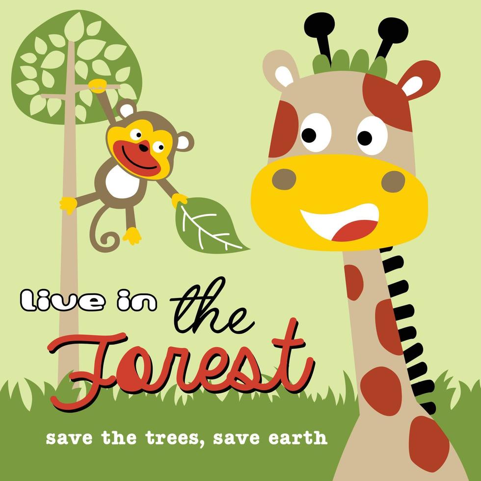 engraçado girafa com macaco dentro a árvore, vetor desenho animado ilustração