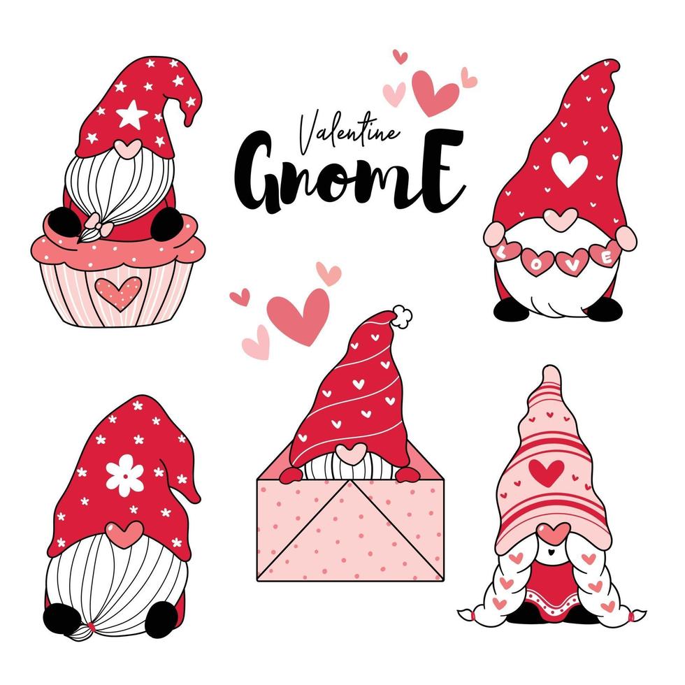 Cute love gnome red valentine with heart cartoon desenho coleção de elementos de clipart, valentine gnome vetor