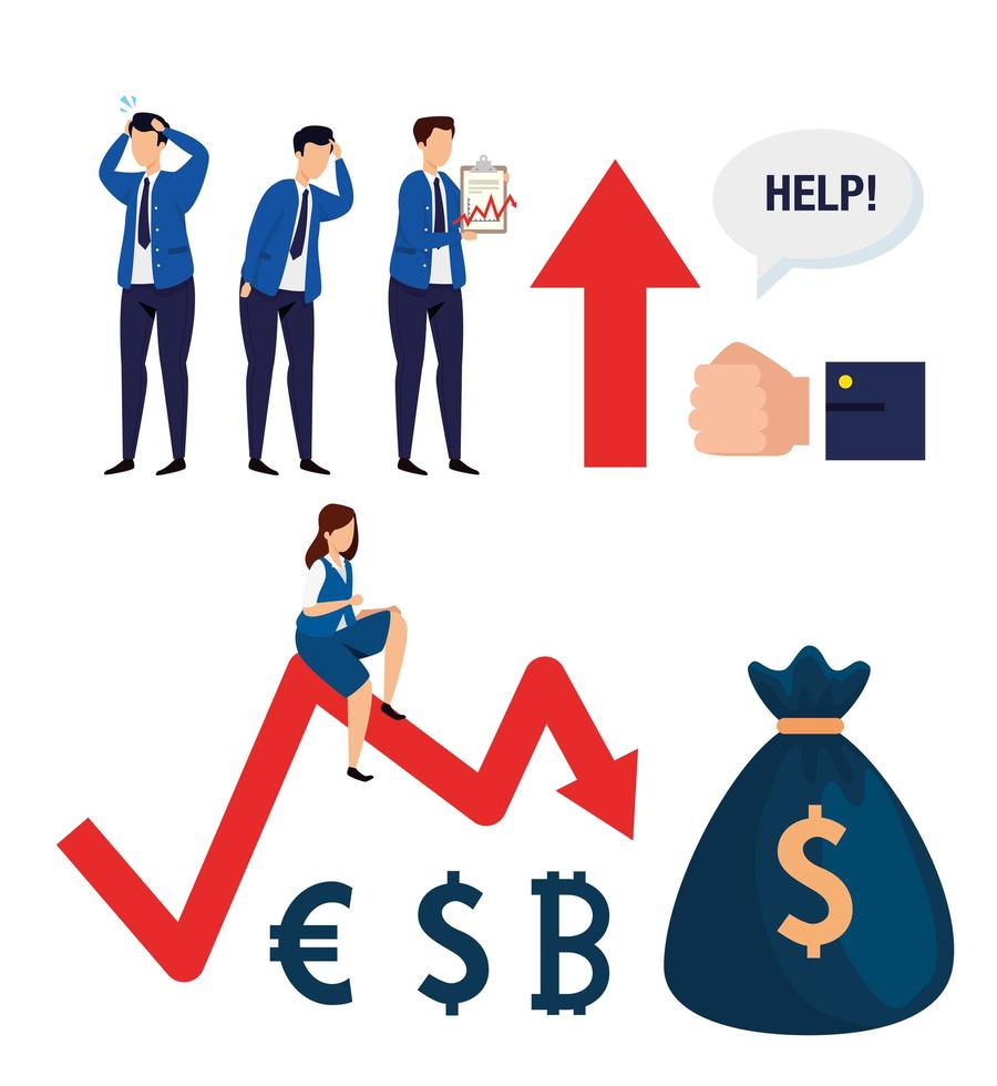 conjunto de ícones de queda do mercado de ações vetor