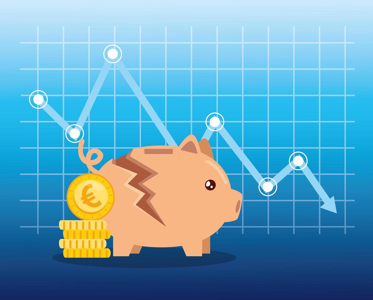 quebra do mercado de ações com cofrinho e ícones vetor