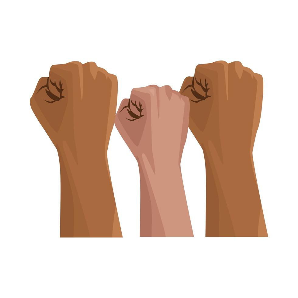 mãos inter-raciais levantadas em punhos, um gesto de protesto vetor