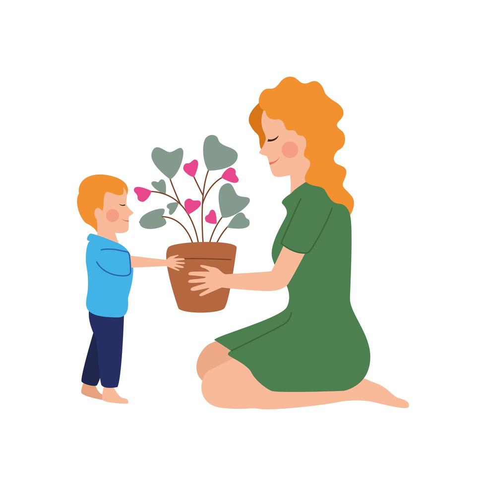 linda mãe com filho dando personagens para plantas de casa vetor